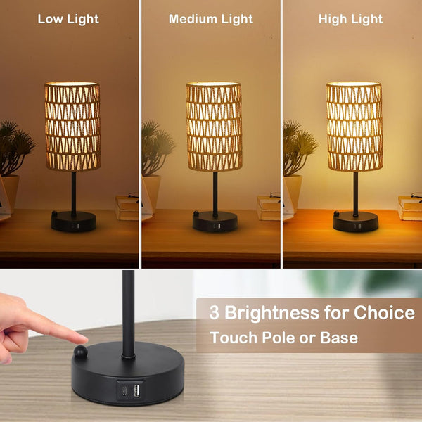 English Elm Touch Boho Table Lamp with Rattan & Linen Shade, 3-Level Dimmable Bedside Lamp w/ USB-C/A Port W2738P400638