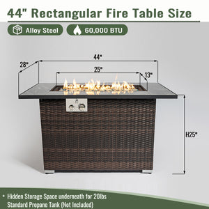 English Elm 44" 44" Propane Fire Pit Table 50000 BTU Rectangular Ceramic Tile Top Wicker Base Glass Rocks Windshield W85343036