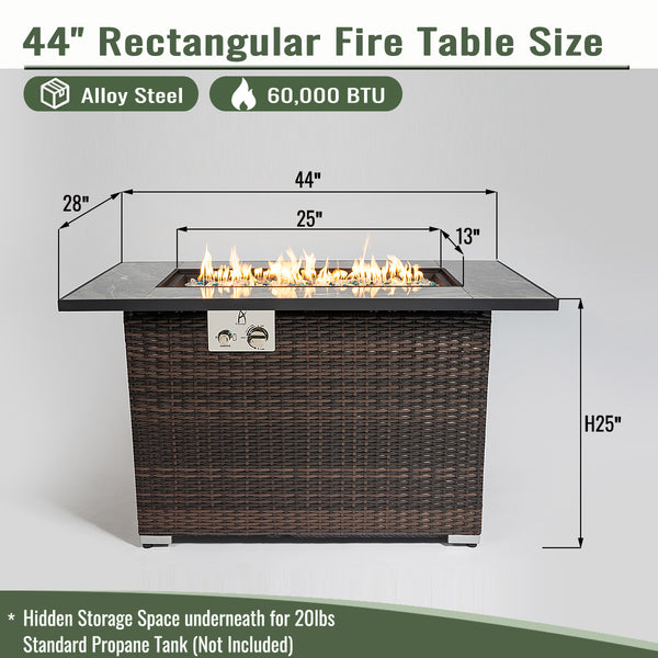 English Elm 44" 44" Propane Fire Pit Table 50000 BTU Rectangular Ceramic Tile Top Wicker Base Glass Rocks Windshield W85343036