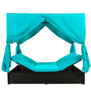 English Elm U_style Outdoor Double Daybed Resort Canopy Lounge with Steel Frame and Adjustable Backrests Blue WY000476AAC