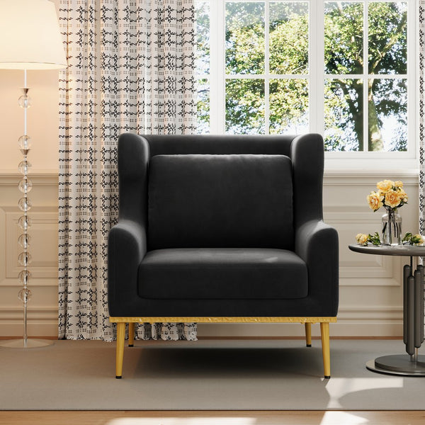 English Elm Modern Velvet Accent Chair Curved Arms Plush Cushion Upholstered Seat for Living Room Black N763P360686B