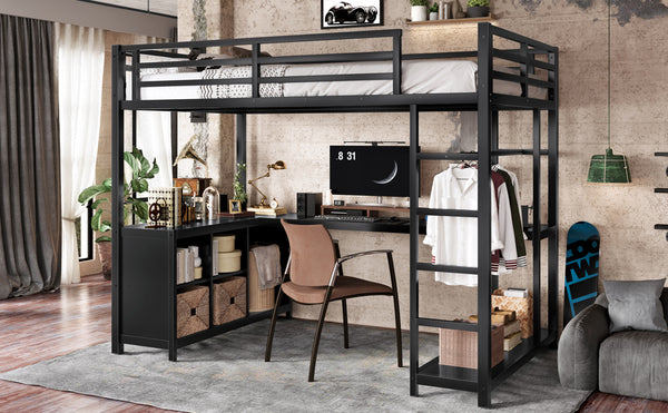 English Elm Metal Twin Xl Loft Bed with L Shaped Desk Wardrobe and Storage for Teens W1580S00370