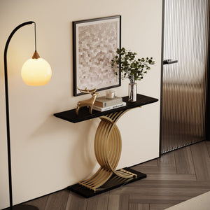 English Elm Accent Console Table Sculptural Black Gold Metal Legs Slim Entryway Hallway Decor W2263P395488