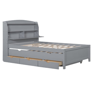 English Elm Full Size Wooden Led Platform Bed With Trundle, Storage Headboard & Usb Charging – Gray Finish N820S10009E