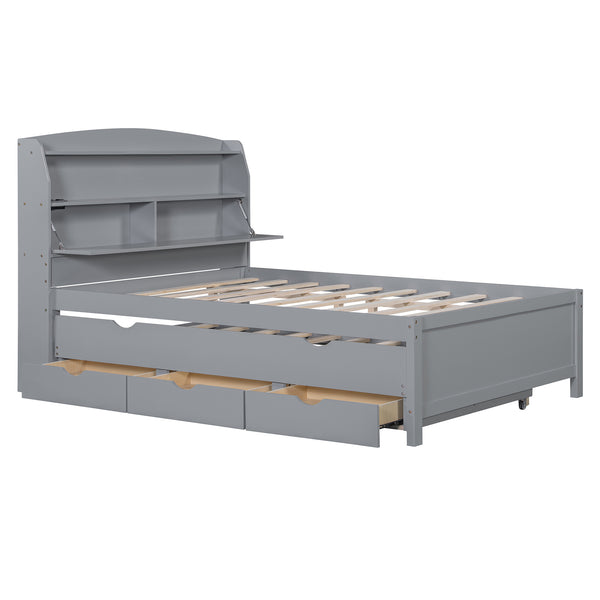English Elm Full Size Wooden Led Platform Bed With Trundle, Storage Headboard & Usb Charging – Gray Finish N820S10009E