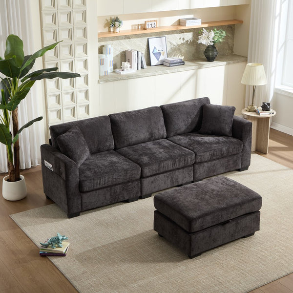 English Elm Modern Chenille L-shaped Sectional with Usb Charging Ottoman Storage Living Room Couch Black W2120S00014