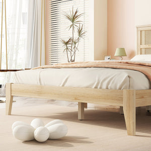 English Elm Queen Platform Bed Solid Rubberwood Arched Rattan Headboard Natural Boho Bedroom W504P380560