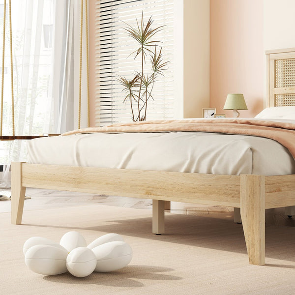 English Elm Queen Platform Bed Solid Rubberwood Arched Rattan Headboard Natural Boho Bedroom W504P380560