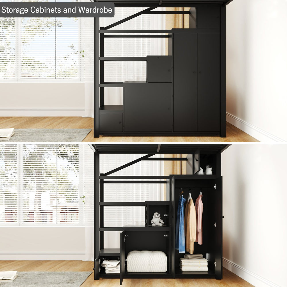 English Elm Full Metal Loft Bed with Built-in Wardrobe Shelving Staircase Storage Industrial GX000664AAB-1