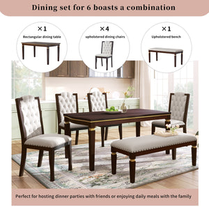 English Elm 6-Piece Kitchen Dining Set with 60" Rectangular Table, Tufted High-Back Chairs & Bench, Durable Wood Espresso N752S001080P