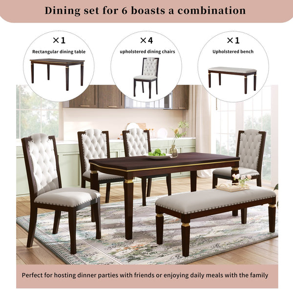English Elm 6-Piece Kitchen Dining Set with 60" Rectangular Table, Tufted High-Back Chairs & Bench, Durable Wood Espresso N752S001080P