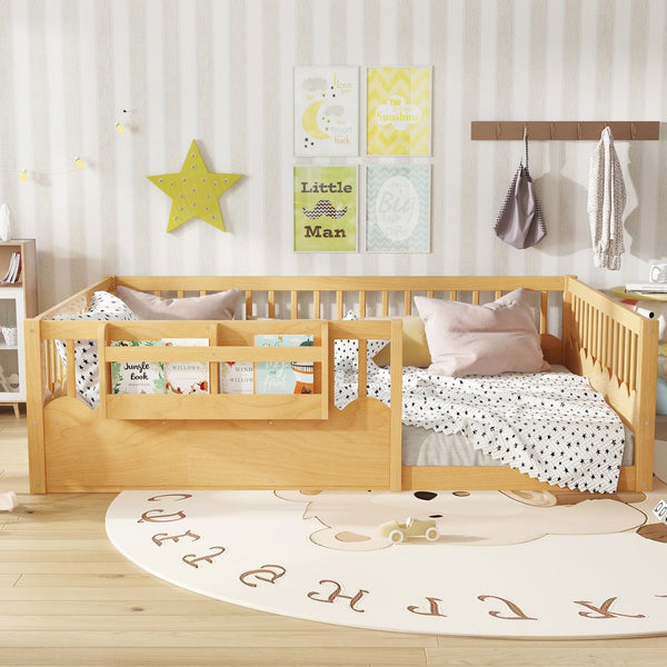 English Elm Queen Low Profile Kids Floor Bed with Guardrails Bookshelf and Pine Wood Frame Natural W1580P373143