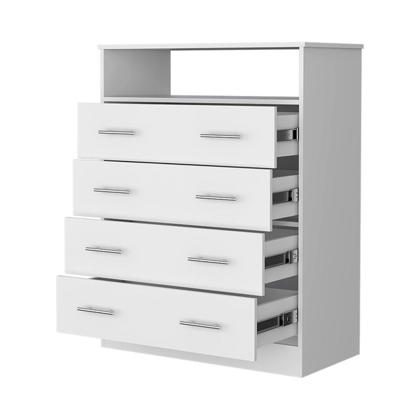 English Elm Lagos Four Drawer Dresser with Spacious Open Shelf and Superior Top, Light Grey Finish, Modern Storage Solution White 47 L x 22 W x 4 H B128S00098