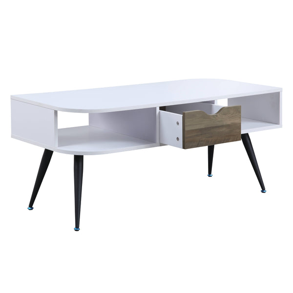 English Elm Halima Modern White & Black Coffee Table with Drawer, 2 Open Shelves, Metal Legs, Durable Finish B2726P287756