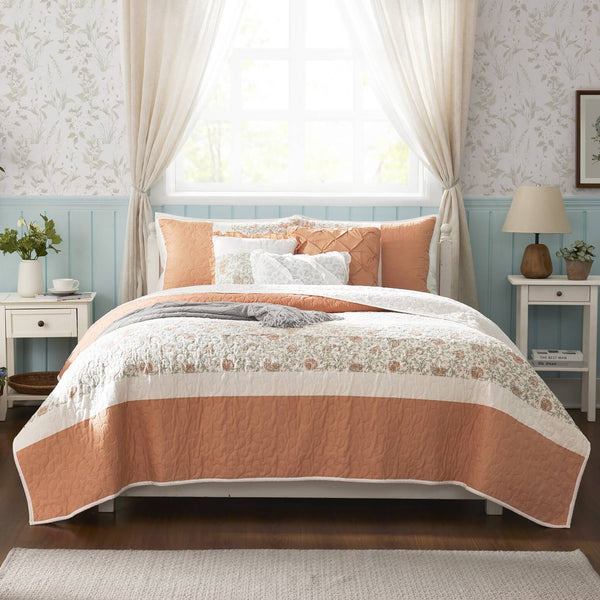 JLA Home Madison Park - 6 Cotton Percale Quilt Set with Lace Taping, Reversible Paisley Design, OEKO‑TEX, Breathable Comfort Coral MP13-2800