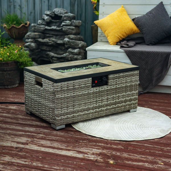 English Elm 32" Outdoor Propane Fire Pit Table with Ceramic Top, 50,000 BTU Stainless Steel Burner, Wicker Base and Tank Cover Beige W853P202196