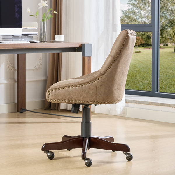 English Elm A&A Handcrafted Sheepskin-Pattern Office Chair with High-Rebound Foam, Solid Wood & Steel Legs, Retro Brown W1143P202750