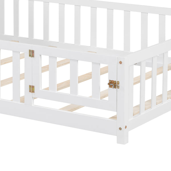 English Elm Full-size Montessori Floor Bed with Built-In Bookcase and Chalkboard, Space-Saving Solid Wood Platform for Kids White 56.3 L x 17.32 W x 5.31 H W1716S00012