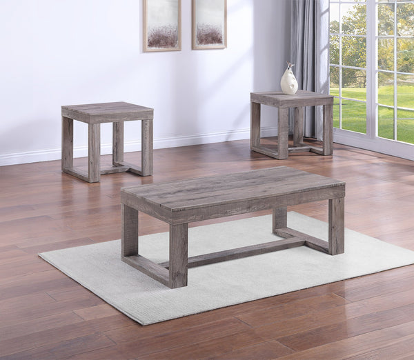 English Elm 3pc Rustic Contemporary Cocktail Set with Rectangular Coffee Table and Two Square End Tables, Durable Style Brown,Gray,Tan 51.5 L x 28 W x 10 H B011S01433