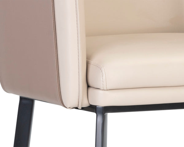 Sunpan Carter Barrel Back Barstool in Faux Leather with Black Steel Legs and Copper Foot Caps for Elegance Napa Beige / Napa Tan