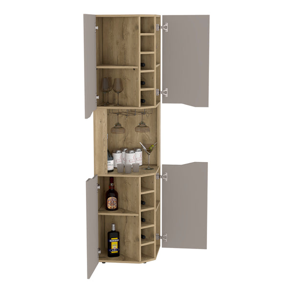 English Elm Obregon Corner Bar Cabinet with Ten Slot Wine Rack and Stemware Storage in Warm Neutral B200S00391