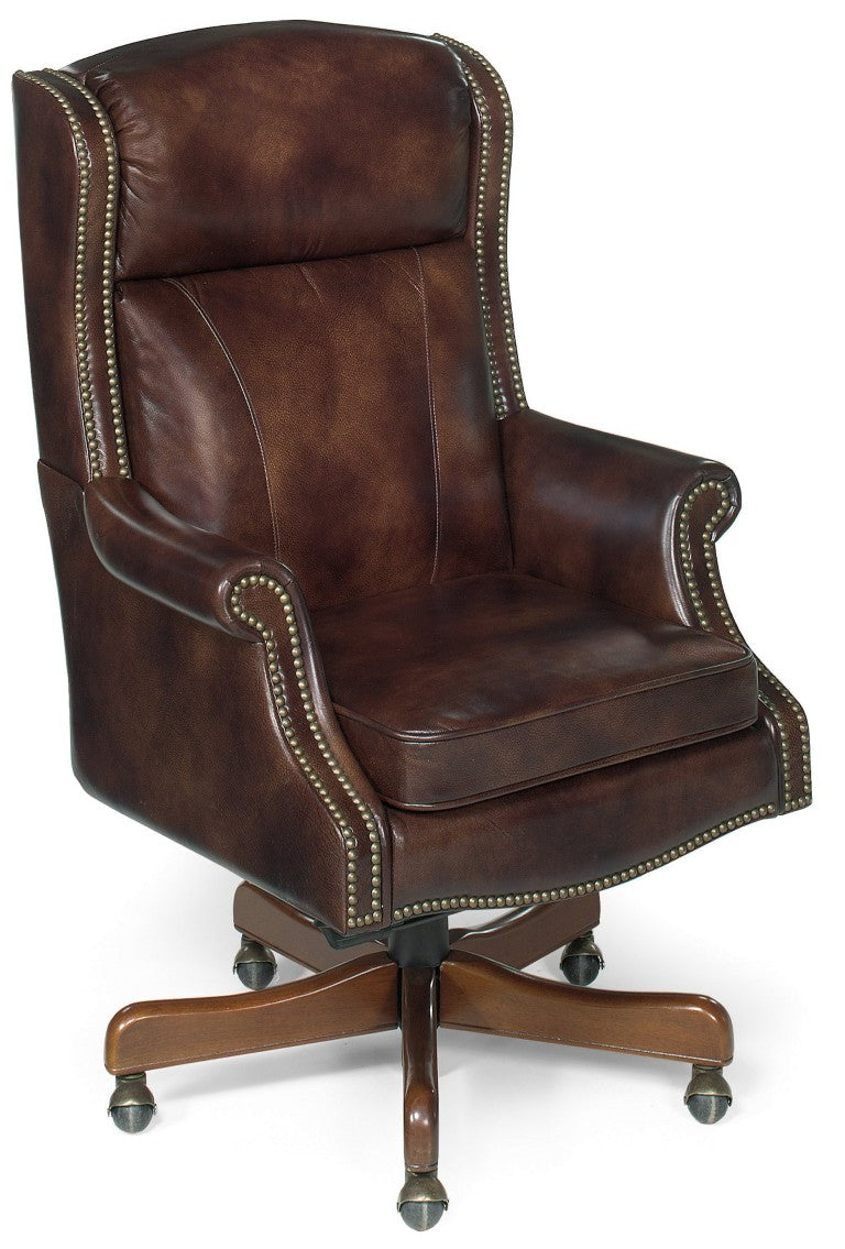 Hooker Furniture Merlin Executive Swivel Tilt Chair In Empire Byzantine Top-Grain Leather With Chestnut Wood Finish, Ergonomic Comfort Medium Brown EC216