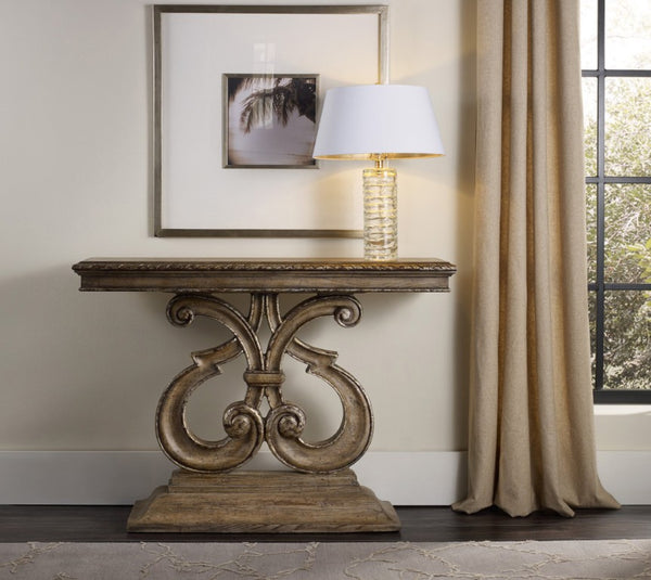 Hooker Furniture Melange Lyre-Base Console Table With Gold-Tipped Accents, Solana Light Caramel Finish, 48"W 5491-85001