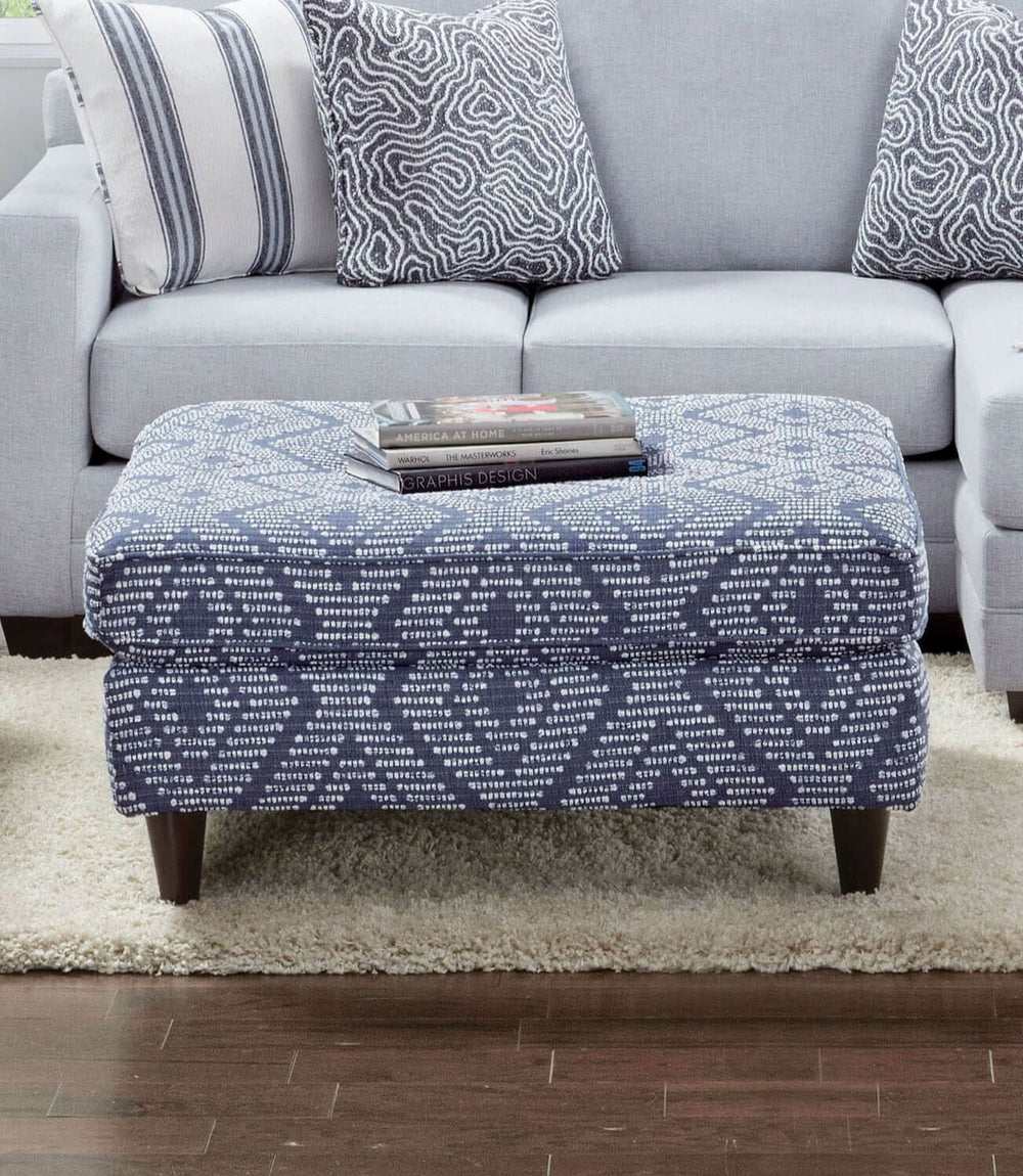 English Elm Blue Navy Pattern Ottoman 37.5" Square — Contemporary Upholstery, Espresso Tapered Block Legs, Stylish Accent Piece B2741P355170