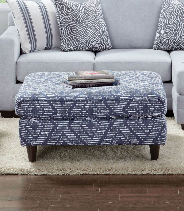 English Elm Blue Navy Pattern Ottoman 37.5" Square — Contemporary Upholstery, Espresso Tapered Block Legs, Stylish Accent Piece B2741P355170