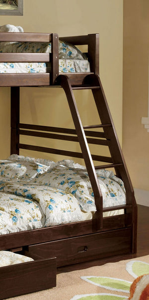 English Elm Modern Twin-Over-Full Bunk Bed with Angled Ladder, Solid Hardwood Frame and Patented Lock Joint Dark Walnut 35 L x 58 W x 7 H B2741S00343