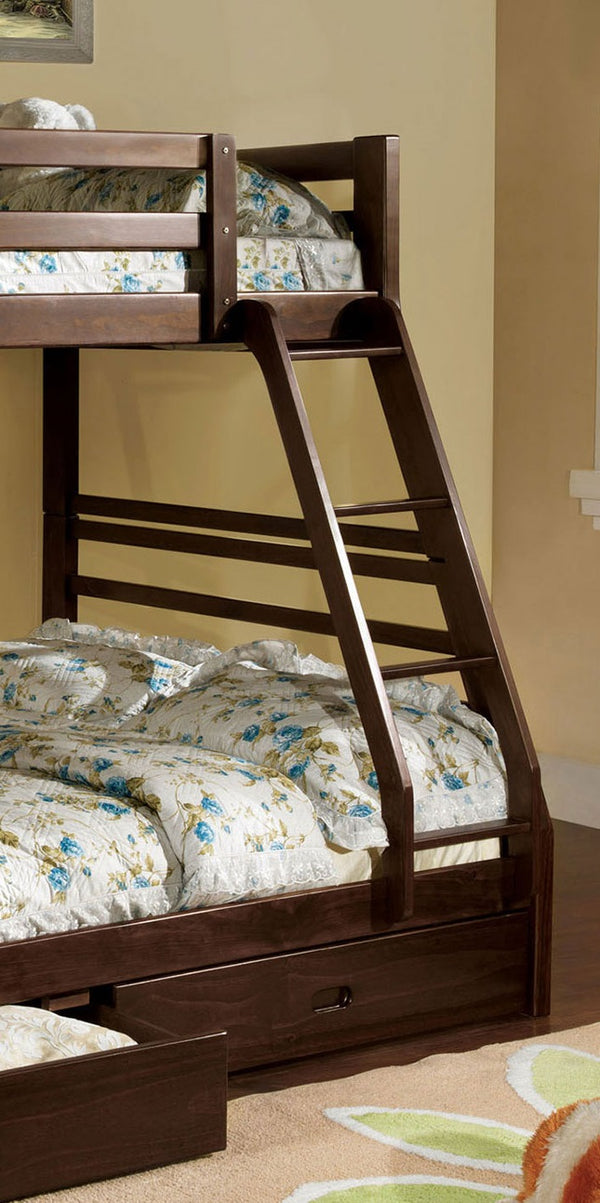 English Elm Modern Twin-Over-Full Bunk Bed with Angled Ladder, Solid Hardwood Frame and Patented Lock Joint Dark Walnut 35 L x 58 W x 7 H B2741S00343