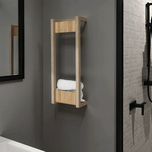 English Elm Washan Wall-Mounted Towel Rack with Open Vertical Frame and Lower Shelf, Natural Oak Finish, 31.5" tall B128P375318
