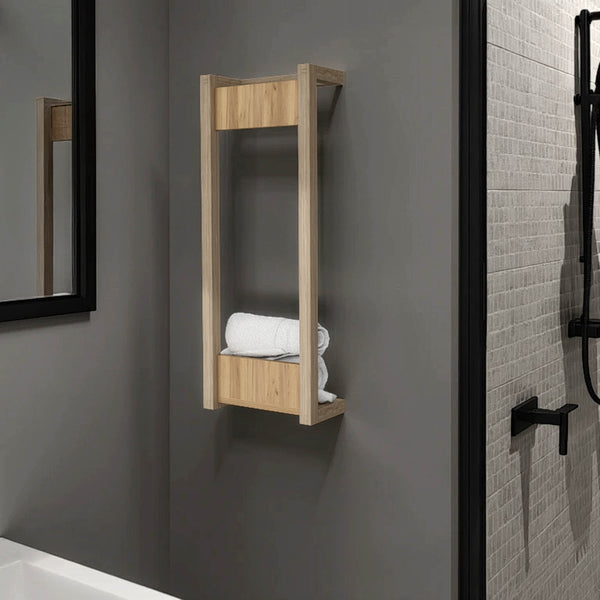 English Elm Washan Wall-Mounted Towel Rack with Open Vertical Frame and Lower Shelf, Natural Oak Finish, 31.5" tall B128P375318