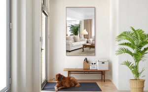 English Elm 60*36" Oversized Modern Rectangle Bathroom Mirror with Walnut Aluminum Frame Removable Tray, Versatile Wall or Floor Mount, HD Reflection and Durable Design W708P297589