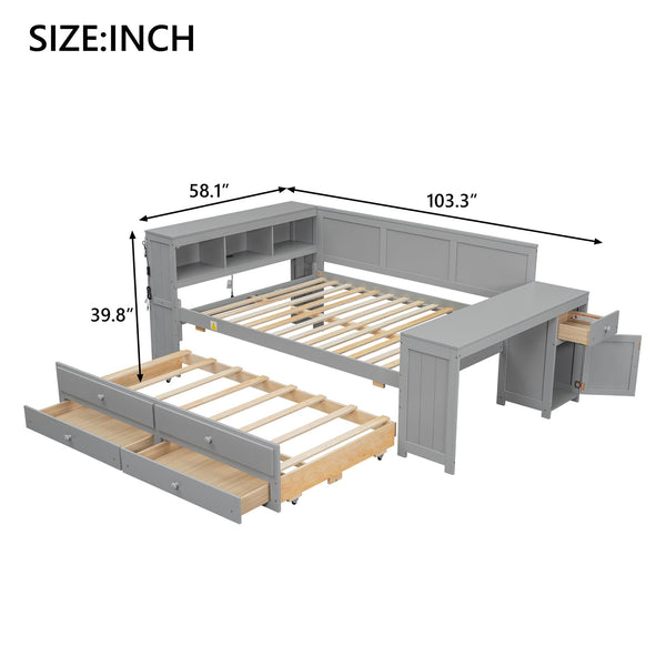 English Elm Full Size Pine Wood Platform Daybed with Led Headboard Desk Storage and Charging Gray N7090000475E-1