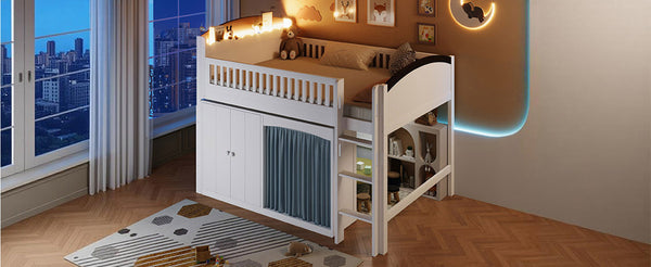 English Elm Twin Loft Bed with Wardrobe Cabinet Led Lighting and Pine Frame for Kids Rooms White N7090002235K