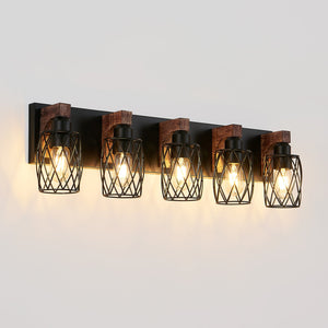 English Elm 31" Industrial Vintage 5-Light Wall Sconce with Black Iron Cage & Walnut Wood Accents for Bathroom, Hallway, Vanity Lighting W1340P276815