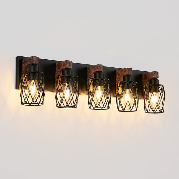 English Elm 31" Industrial Vintage 5-Light Wall Sconce with Black Iron Cage & Walnut Wood Accents for Bathroom, Hallway, Vanity Lighting W1340P276815