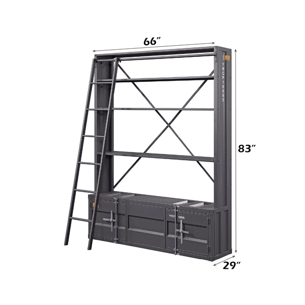 English Elm Cargo Gunmetal Industrial Bookcase w/Removable Ladder, 4 Open Compartments, 2 Doors, Metal Cargo Container Style Lock B2726P285840