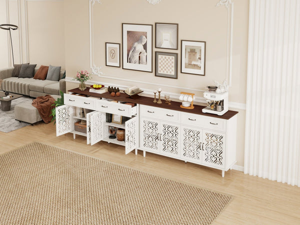 English Elm Vintage Farmhouse Sideboard with Hand-carved Doors Two-tone Distressed Wood Finish W688P360028