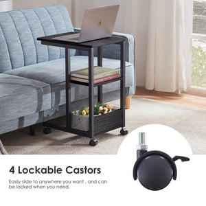 English Elm Shaped End Table with Lockable Wheels and Two-Tier Storage — C-Shape Rolling Side Table for Sofa Black,Oak T3623P409437