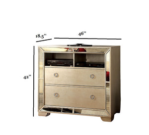 English Elm Unique Luxury Media Chest 46" W Champagne Gray Finish with Antique Mirror Panels, Tufted Glam Design, Ring Pulls B2741P367198