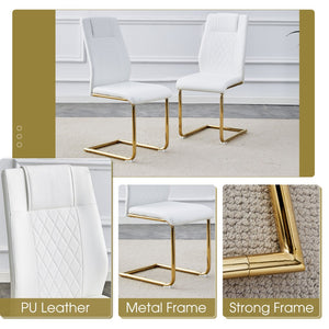 English Elm Table Modern Luxurious Glass Dining Set With 8 Ergonomic Chairs, Gold Legs & White Pu Upholstery W1151S02588-GIGA