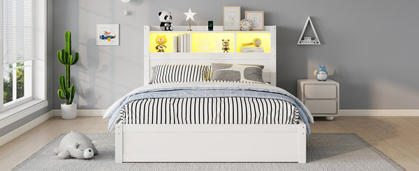 English Elm Twin Wood Storage Bed with Led Headboard Drawers and Pull Out Cabinet for Kids White W2593S00050