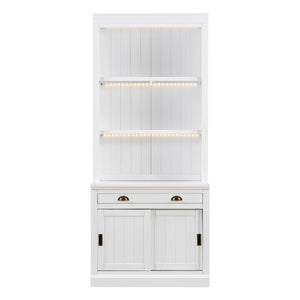 English Elm 83.4"tall Bookcase with Led Shelves Sliding Doors Open Storage Modern White N751S379858K