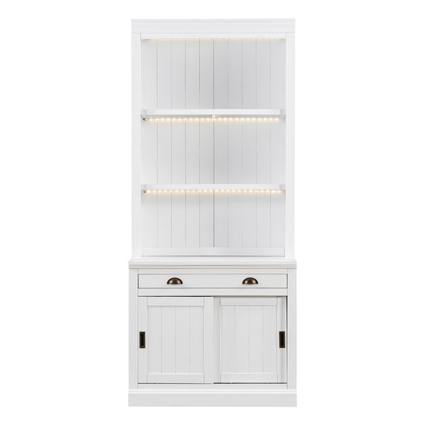 English Elm 83.4"tall Bookcase with Led Shelves Sliding Doors Open Storage Modern White N751S379858K