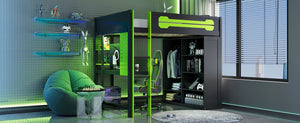 English Elm Full Size Gaming Loft Bed with Rgb Lighting Integrated Desk and Open Wardrobe Green N820S00073F