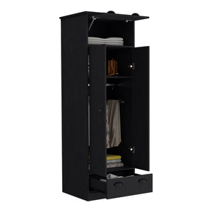 English Elm Falkland Armoire with Spacious Double-Door Closet, Upper Hinged Accessory Drawer and Sleek Handles Black 73 L x 24 W x 3 H B070S00233