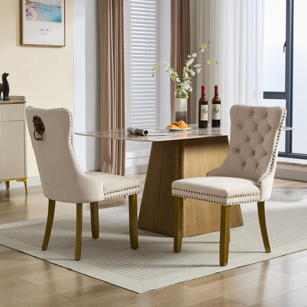 English Elm Mid-Century Lion Head Pull Ring Velvet Dining Chair with Tufted Cushion, Gold Wood Legs, Nailhead Trim Beige W1143P233644