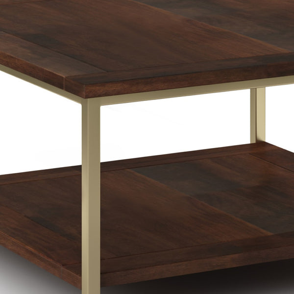 English Elm Skyler Square Coffee Table - Handcrafted Dark Brown Mango Wood With Gold Metal Frame & Shelf B136P159613-GIGA